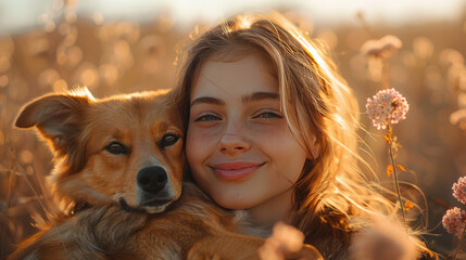 Illustration of an overjoyed girl and a pet dog resting on her right shoulder in the beautiful backlight of the morning rising sun