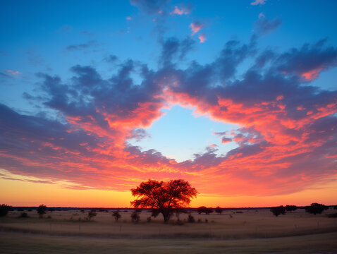 Mesmerizing sunset over the endless golden savanna Breathtaking African sunset landscape with a lonely tree