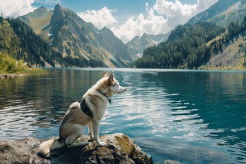 Siberian Husky explores a cool mountain lake on a hot summer day, surrounded by mountains and forests created with Generative AI Technology - obrazy, fototapety, plakaty