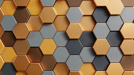 A gold and gray hexagonal patterned wall. The pattern is made up of many different colored hexagons