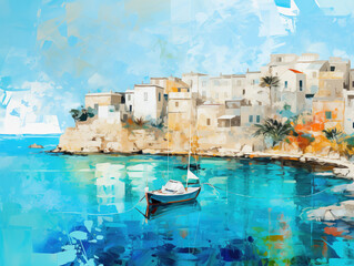 watercolor painting of a Mediterranean seaside village with a lonely boat - obrazy, fototapety, plakaty