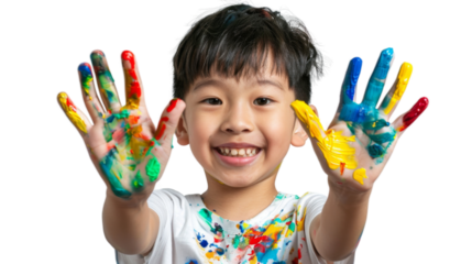 Portrait of a child with hands dirty from paint