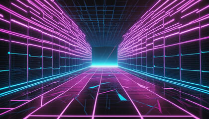 80s Retro Sci-Fi Background Futuristic Grid landscape. Digital cyber surface style of the 1980`s. Double infinite grid and lights forward. Synthwave wireframe net illustration.  80s, 90s cyber grid - obrazy, fototapety, plakaty