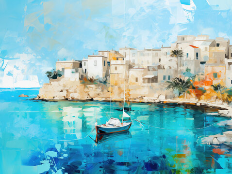 watercolor painting of a Mediterranean seaside village with a lonely boat