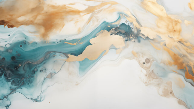 A HD close up of a minimalist acrylic marble painting. The painting is kept in black, white, turquoise and golden colors