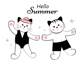 Hello Summer.Two Cats in a Swimsuit on a White Background