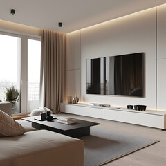 interior design of an apartment in Warsaw with a large TV and panoramic windows, in light colors,...