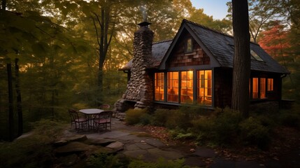 Secluded writer's hideaway cottage with window walls overlooking natural scenery and warm wood-burning stove