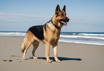 Fototapeta na wymiar german shepherd dog on the beach - sea, beach, background, sunny