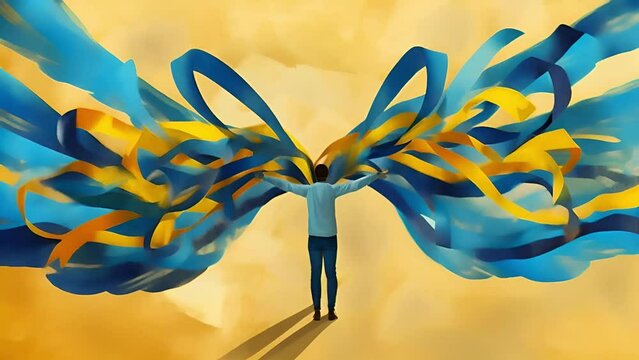 Abstract wings in blue and yellow, the colors of autism awareness, symbolize the embrace of diversity and the spirit of acceptance
