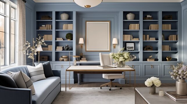 Serene monochromatic home office with walls sheathed in soft powder blue built-in shelving and cabinetry