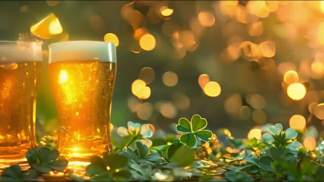Two pints of golden beer celebrate St. Patrick's Day, with lucky clovers adorning the scene, set against a backdrop of warm, festive bokeh lights