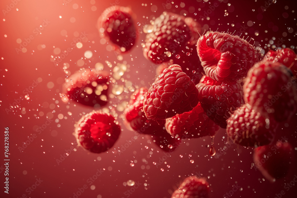 Wall mural Fresh juicy raspberries fly with a splash of water on a pink background