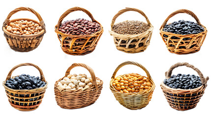 Collection of beans basket isolated on white background 