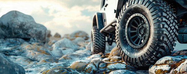 Close-up of an off-road vehicle's muddy tire on rocky terrain under a cloudy sky. - obrazy, fototapety, plakaty