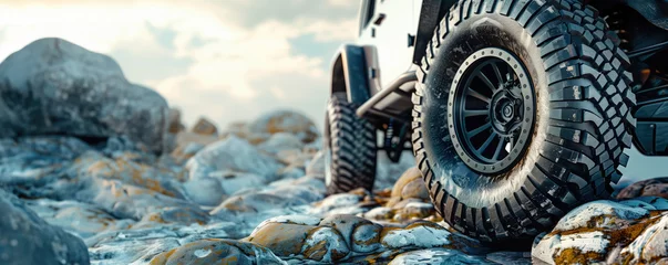 Fotobehang Close-up of an off-road vehicle's muddy tire on rocky terrain under a cloudy sky. © Александр Марченко