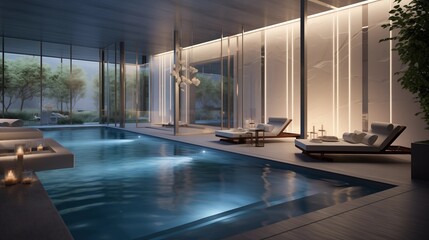 Sleek indoor lap pool with water features, glass walls, and cabana relaxation area - obrazy, fototapety, plakaty