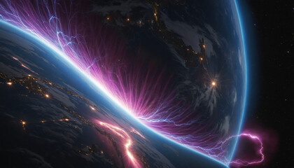 Electromagnetic plasma glow above the earth. - obrazy, fototapety, plakaty