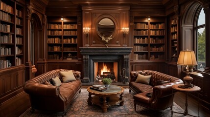 Sophisticated study/library with floor-to-ceiling shelving, carved wood fireplace inglenooks, and coffered ceilings - obrazy, fototapety, plakaty