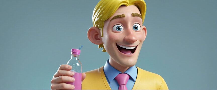 3d render. Cartoon character young caucasian man isolated on blue background. Funny guy wears yellow shirt, blue tie, holds glass bottle with pink liquid. Vaccine research concept