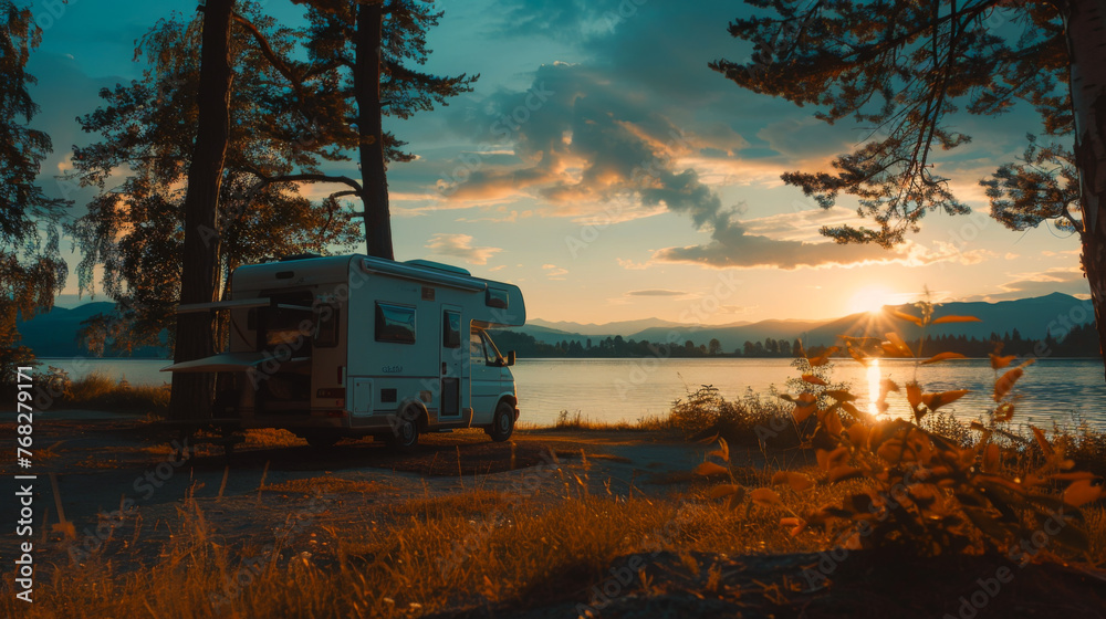 Wall mural a white camper van is parked by a lake at sunset. the scene is peaceful and serene, with the sun set