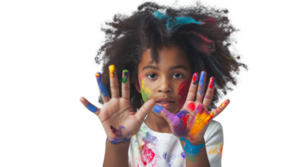 Portrait of a child with hands dirty from paint