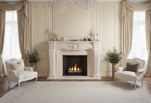 Traditional white beige decor with fireplace and moldings. mockup for an illustration. 