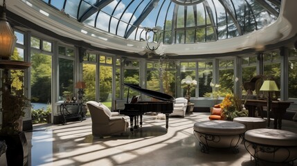 Stunning conservatory solarium with curved glass ceilings and walls, integrated heating and cooling systems - obrazy, fototapety, plakaty