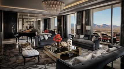 Sumptuous Las Vegas penthouse suite with marble, chandeliers, and lavish furnishings - obrazy, fototapety, plakaty