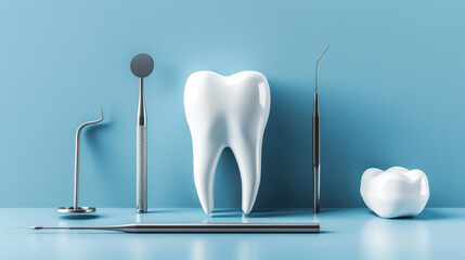 A set of dental tools and a tooth are displayed on a blue background. Scene is professional and informative, as it showcases the tools used in dental procedures