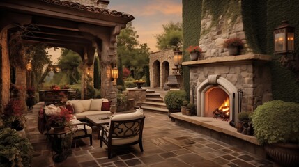 Tuscan-inspired outdoor living area with old-world stone fireplaces, wood-beamed pergolas, and bubbling fountains