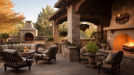 Tuscan-inspired outdoor living area with old-world stone fireplaces, wood-beamed pergolas, and bubbling fountains