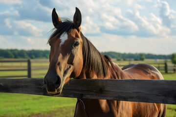 Fototapeta premium A friendly horse leans over a wooden fence, inviting interaction, set against a backdrop of lush fields and a clear sky.