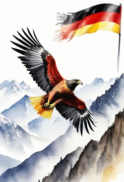 Symbol associated with the country Germany - watercolor illustration. Powerful black eagle soaring above a mountains, symbolizing Germany's strength, unity, and proud history.