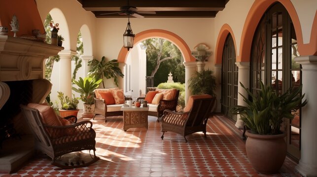 Two-story Spanish Colonial loggia with Saltillo tiled floors, stucco fireplaces, and hand-painted tilework