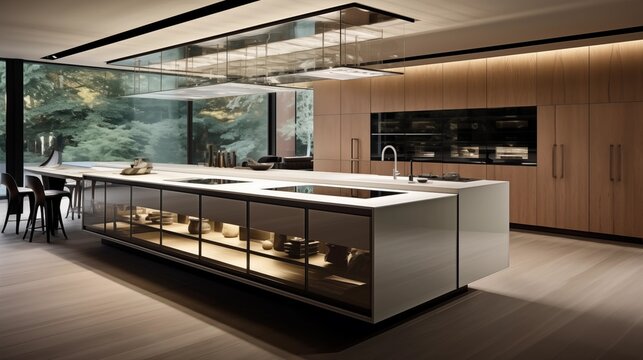 Ultra-modern kitchen with integrated appliances, massive island, and minimalist design