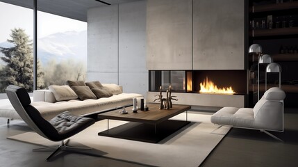 Ultra-modern living room with polished concrete, integrated fireplaces, and sleek furniture