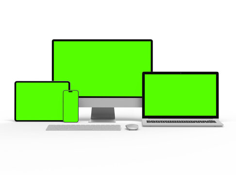 3d render of desktop, laptop, smartphone and tablet on a light background