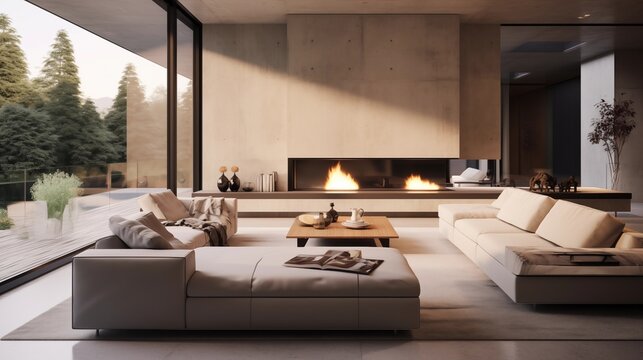 Ultra-modern living room with polished concrete, integrated fireplaces, and sleek furniture