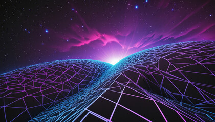 Fototapeta premium Heart shape with Synthwave wireframe net illustration. Abstract digital background. 80s, 90s Retro futurism, Retro wave cyber grid. Landscape mountain surfaces. Neon lights glowing. Starry background.