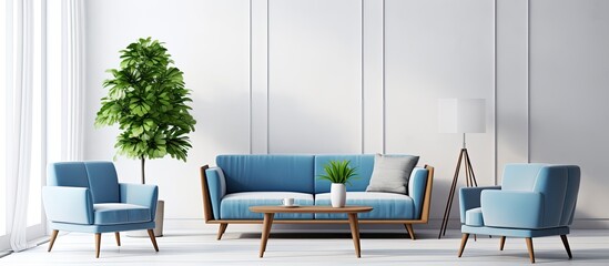 Blue couch and chairs placed in a bright white room, accompanied by a vibrant green plant in a pot