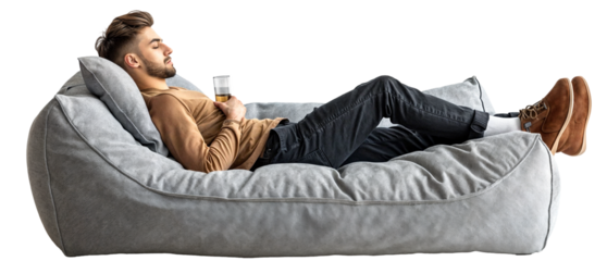 handsome young man lying relaxed on a a cozy, modern, grey sofa and holding a drink in his hand, isolated on a transparent background