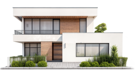 Simple modern white house model, isolated on a transparent background