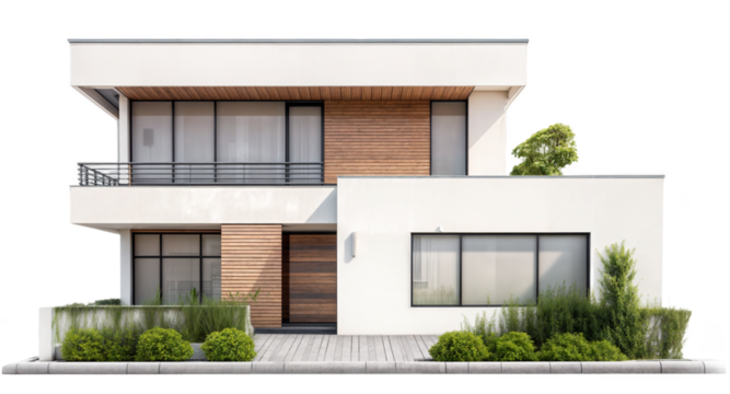 Simple modern white house model, isolated on a transparent background