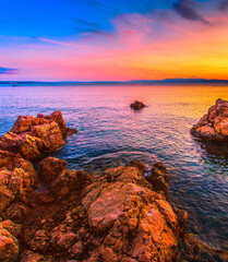 picturesque croatian view, scenic rocky coast, Rijeka resort, Kosterena beach, Istria, Europe -...