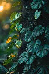 Fototapeta na wymiar Close up of a dense tree with abundant leaves in a dark forest