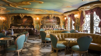 Fototapeta na wymiar Whimsical Wonderland-inspired tea lounge with fantasy floral murals, gilded accents, swirled patterned floors and mismatched antique furnishings