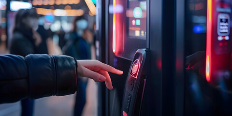 Passenger at Tram Ticket Vending Machine, Biometric technology, Fingerprinting Safety: Fortifying Home Security - obrazy, fototapety, plakaty
