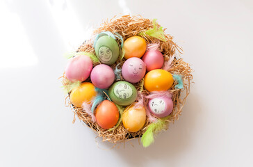 Colored eggs. Traditional Easter food and decoration.