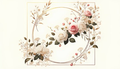 Chic Floral Ring with Blush Roses, Ideal for Luxury Wedding Stationery, Feminine Birthday Cards, and Elegant Branding Materials, Botanical Elegance with Golden Accents and Copy Space